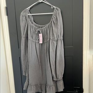 Gray Smocked Off-Shoulder Dress